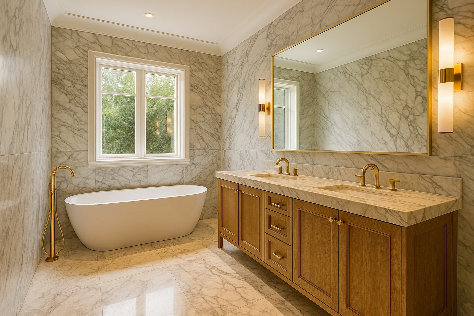 Luxurious marble bathroom remodel with freestanding tub and marble surfaces